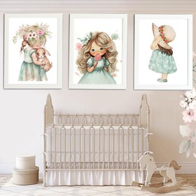 تصویر تابلو دکوراتیو اتاق کودک و نوزاد طرح دختر مو طلایی و خرگوش مجموعه 3 عددی - 10x15 سانتی متر 