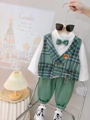 تصویر ست سه تیکه مجلسی بچگانه سایز ۱ تا ۵ سبزابی و نسکافه ای 