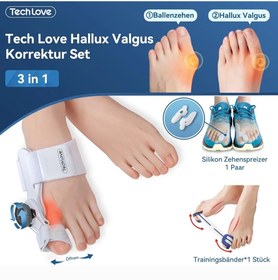 تصویر اصلاح کننده انگشت شست هالوکس والگوس پا برند Tech love Tech Love Hallux Valgus Correction Set, Adjustable Button Splints [1x], Silicone Toe Separator [2x] and Toe Training Band [1x], Universal Size Bunion Relief for Day & After Toes, Unisex