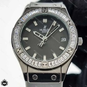 تصویر ساعت مچی زنانه هابلوت نگین دار طوسی نقره ای Hublot Diamonds 