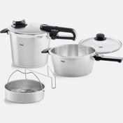 تصویر سرویس زودپز دوقلو استیل فیسلر آلمان ۶+۳،۵ لیتری Fissler vitavit premium mat Fissler duduklu tencere