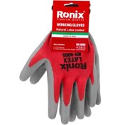 تصویر دستکش ایمنی لاتکس کف مواد طوسی ساده نخ قرمز به همراه تگ سبک رونیکس مدل RH-9005 