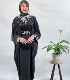 تصویر مانتو عبایی پارچه الیزه جلو خرج کار سنتی درجه یک 