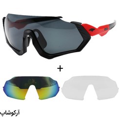 تصویر عینک ورزشی با فریم مشکی و قرمز رنگ، 3 لنز قابل تعویض و تجهیزات کامل مدل 9317-C9 