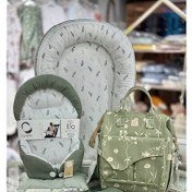 تصویر ست تشک لبه دار و آغوشگیر (قنداق سوئیسی) پیکه با بالشت و روانداز و زیرانداز تعویض طرح صلح سبز ELA 