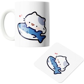 تصویر ماگ سرامیکی طرح گربه و کوسه به همراه زیر لیوانی کد1238 