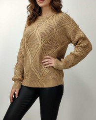 تصویر بلوز بافت زنانه آران بافی طرح لوزی های بزرگ یقه گرد آستین بلند جودان بافت کد 1898 