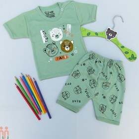 تصویر لباس ست تیشرت شلوارک نخی نوزاد و کودک سبز خرس فرندز Baby clothes set 