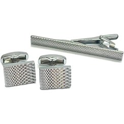 تصویر ست دکمه و گیره کراوات نقره‌ای - مدل شبکه‌ای 