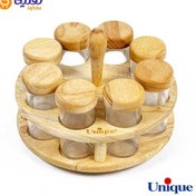تصویر ادویه 6تایی گردان تخت گرد چوبی یونیک مدل UN-6119 6-piece spice rack, wooden round flat, model UN-6119
