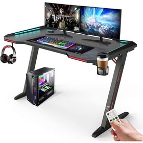 تصویر 1.2M Gaming Desk with Remote Control RGB Lights PC Computer Desk Z Shaped Gamer Home Office Computer Desk Table with Handle Rack Cup Holder & Headphone Hook Free Mouse Pad 