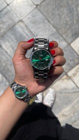 تصویر ساعت طرح کاسیو کلاسیک ست زنانه و مردانه صفحه سبز A159WA Casio classic design watch for women and men, green dial A159WA