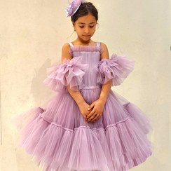 تصویر پیراهن مجلسی دخترانه لباس بچگانه پفی آستین چین دار مزون دوز رنگ یاسی کد ۳۳۰ - یاسی / ۱ سال 
