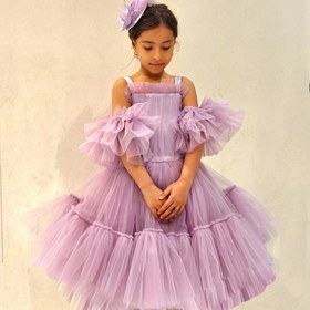 تصویر پیراهن مجلسی دخترانه لباس بچگانه پفی آستین چین دار مزون دوز رنگ یاسی کد ۳۳۰ - یاسی / 
