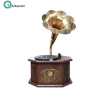 تصویر گرامافون رومیزی والتر، گرامافون کلاسیک با قابلیت پخش رادیو، فلش، بلوتوث، پخش صفحات گرام در سه دور مختلف و کارت حافظه | گرامافون دکوری زیبا مناسب فضای خانه، هتل و رستوران | کد 2050 قهوه‌ای 