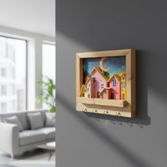 تصویر جاکلیدی و تابلو دیواری چوبی دست‌ساز مدل دهکده شاد Handmade Happy Village Wooden Key Holder & Wall Art