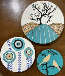 تصویر بشقاب دیوارکوب فیروزه ای سه تکه 