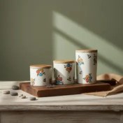 تصویر پاسماوری سرامیکی طرح‌دار با درب چوبی کد19 Patterned ceramic jar with wooden door code19