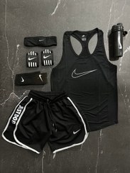 تصویر پکیج کد E1218 شامل رکابی + شلوارک + شیکر + جوراب + مچ بند + هدبند با تم فول مشکی 