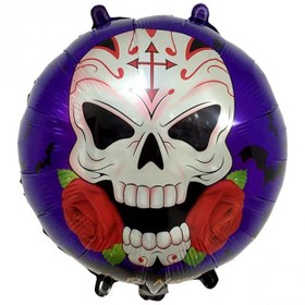 تصویر بادکنک فویلی گرد اسکلت با گل رز هالووین 