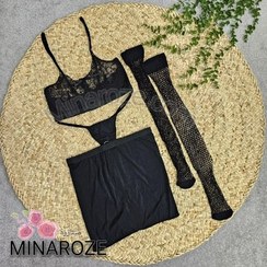 تصویر ست لباس زیر زنانه فانتزی ۴ تکه سوتین فنردار و جوراب فیشنت سایزبندی L و XL کد 0156 Women's lingerie