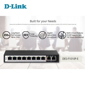 تصویر سوییچ شبکه 10 پورت POE دی لینک D-Link Switch DES-F1010P-E D-Link 10-Port PoE Switch with 8 Long Reach 250m PoE Ports and 2 Uplink Ports DES-F1010P-E