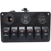 تصویر پنل 3 تایی توکار ولتمتر- شارژر USB - خروجی 12 ولت فندکی +صفحه کلیدکلنگی 6 تایی با نور پس زمینه قرمز و آبی 