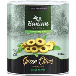 تصویر زیتون سبز اسلایس قوطی 3 کیلوگرمی بانیان 