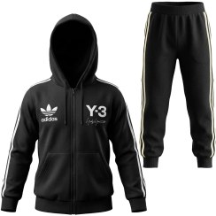 تصویر ست سویشرت و شلوار نخی بچگانه تو کرکی مدل Y-3 رنگ مشکی-سفید(سایز50-55) Boys' fluffy hoodie and cotton pants set, ck model, black color