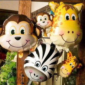 تصویر بادکنک جشن سایز متوسط حیوانات 5pcs Medium Size Forest Natural Jungle Animal Head Aluminum Foil Balloons - Giraffe, Zebra, Tiger, Lion And Monkey Animal Head Balloons