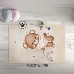 تصویر فرش کودک طرح خرس و اسب چوبی 