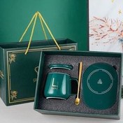 تصویر ست کامل ماگ سرامیکی و حرارتی لاکی بهمراه صفحه گرمکن برقی و قاشق طلایی با جعبه کادویی در چهار رنگ مشکی و سفید و صورتی و سبز لجنی 