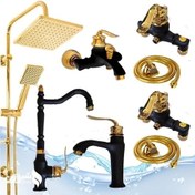 تصویر ست 8عددی شیرآلات بامبو مشکی طلایی با علم دوش رسوب گیر 