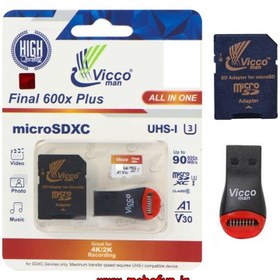 تصویر کارت حافظه microSDXC ویکومن مدل Final 633X کلاس 10 استاندارد UHS-I U3 سرعت 100MBps ظرفیت 128 گیگابایت به همراه کارت ریدر و خشاب Vicco Man Final 633X UHS-I U3 Class 10 100MBps microSDXC Card 128GB With Card reader