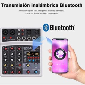 تصویر میکسر صدای ۴ کاناله همراه فانتوم پاور BOMGE 04D portable bluetooth 4 Channel DJ audio sound mixer mixing-ارسال 20 روز کاری 