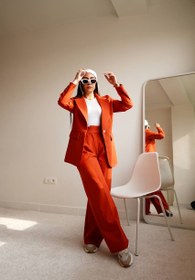 تصویر کت و شلوار زنانه مدل شلوار بگ رنگ سبز پاستیلی 