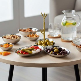 تصویر ظرف سرو استیل چکش‌کاری سه‌خانه بیضی با دسته برنجی طرح بامبو - سایز بزرگ 