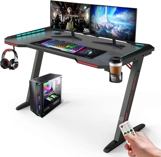 HLDIRECT 47 Inch Gaming Desk with LED Lights Carbon Fibre Surface Gaming  Table Large Computer Desk Ergonomic Home Office Desks Z Shaped PC Gamer