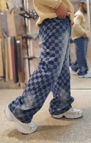 تصویر شلوار بگ مردانه شطرنجی آبی گرم بالا وارداتی کاستوم Imported custom checkered men's bag pants