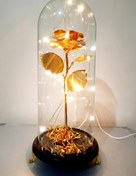 تصویر باکس هدیه شاه گل رز طلایی برنج پایه دار شیشه فلکسی استوانه 