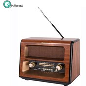 تصویر رادیو کلاسیک، اسپیکر بلوتوثی قابل حمل، رادیو سنتی، رادیو قابل شارژ، رادیو با قابلیت پخش موزیک و صدا از طریق اتصال با بلوتوث، پشتیبانی از کارت حافظه SD Card، مدل 1910 