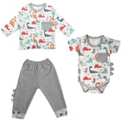 تصویر ست سه تکه ی لباس نوزادی مدل دایناسور برند سپیدپوش 