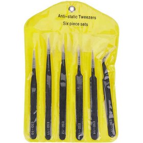 تصویر ست 6 تایی پنس آنتی استاتیک استیل ESD Stainless steel ESD anti-static tweezers set, repair and maintenance tool set, Anti-static model