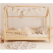 تصویر تخت خواب کودک کلبه ای تمام چوب مدل T3 