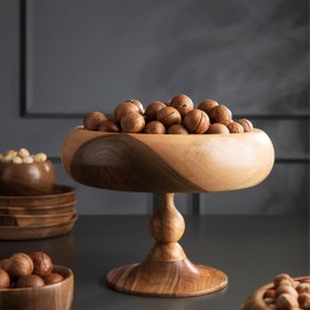 تصویر ظرف پذیرایی خمره ای پایه دار چوب گردو سایز متوسط 