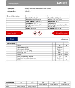 تصویر تولوئن 99 درصد گرید آزمایشگاهی یک لیتر شیشه‌ای دکتر مجللی Toluene 99% Grade Laboratory 1 Lit. Glass Bottle. DR. MOJALLALI