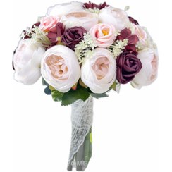 تصویر دسته گل مخلوط عروس با ترکیب گل های ابریشمی اناما، رز، شکوفه و نسترن کد 2031 