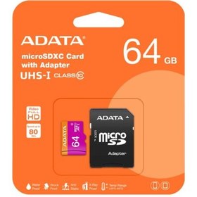 تصویر کارت حافظه microSDXC ای دیتا مدل Premier V10 A1 کلاس 10 استاندارد UHS-I سرعت 100MBps ظرفیت 64 گیگابایت 