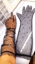 تصویر دستکش توری مجلسی با دیزاین مروارید و نگینی - مشکی 