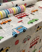 تصویر پارچه ملحفه نخ پنبه فیلور طرح بچه گانه ماشین 